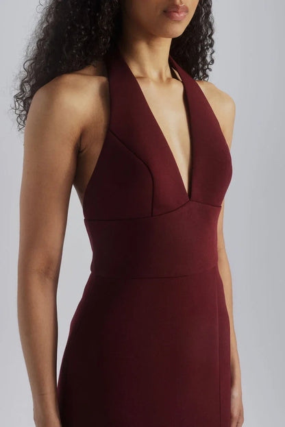 Chic Column Halter V-Neck Sleeveless Modern Slit Burgundy Floor-Length Bridesmaid Gown