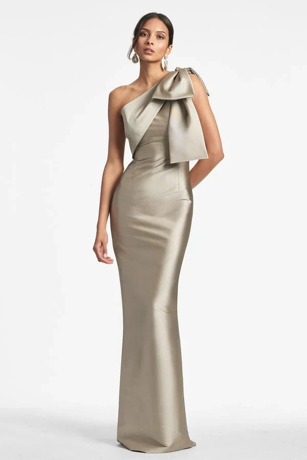 Chic Column One-Shoulder Bow Pewter Long Mother of the Bride Dress