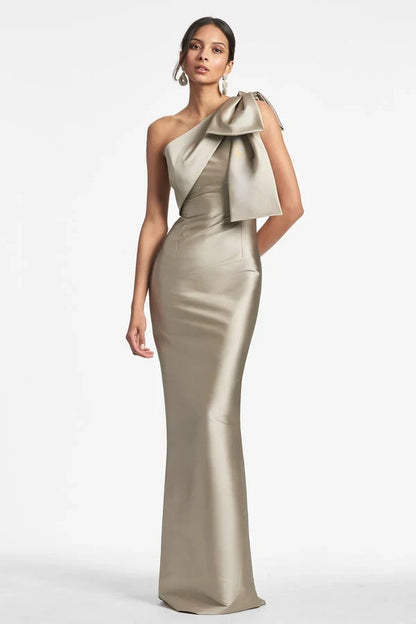 Chic Column One-Shoulder Bow Pewter Long Mother of the Bride Dress