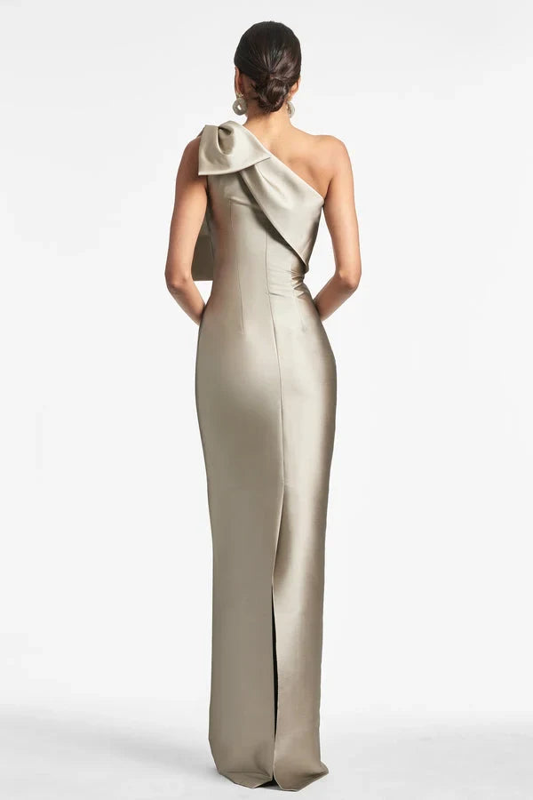 Chic Column One-Shoulder Bow Pewter Long Mother of the Bride Dress