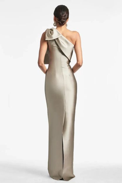 Chic Column One-Shoulder Bow Pewter Long Mother of the Bride Dress