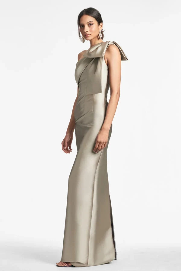 Chic Column One-Shoulder Bow Pewter Long Mother of the Bride Dress