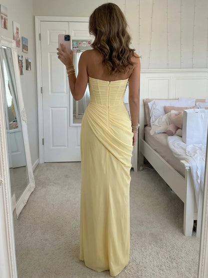 Chic Column Strapless Sleeveless Corset Slit Yellow Long Prom Dresses Women