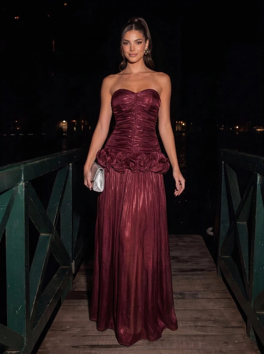 Chic Column Strapless Sleeveless Ruched Ruffled Burgundy Maxi Prom Dresses Gown