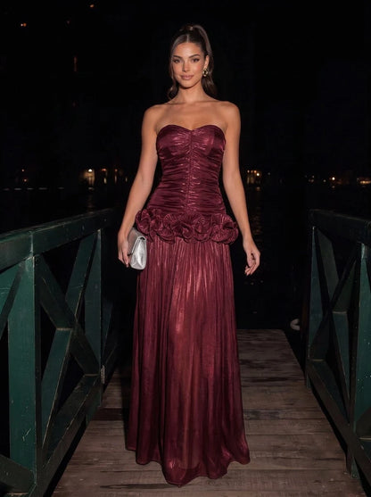 Chic Column Strapless Sleeveless Ruched Ruffled Burgundy Maxi Prom Dresses Gown