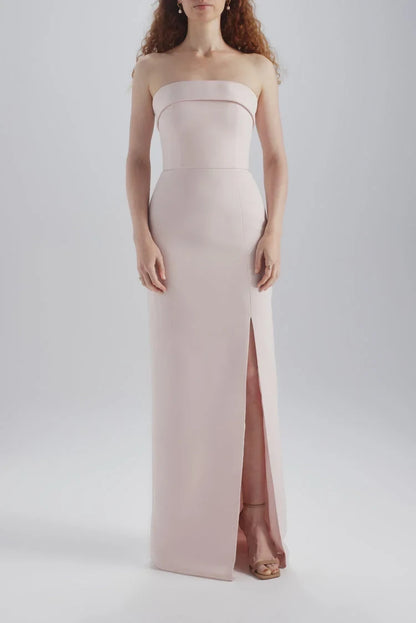 Chic Column Strapless Sleeveless Slit Blush Floor-Length Bridesmaid Dress Women's Gown