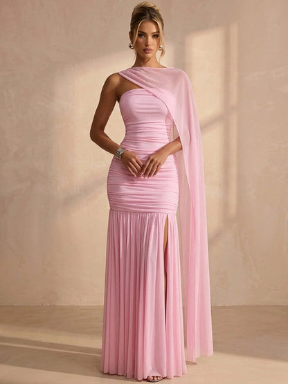 Chic Fitted Asymmetric Sleeveless Ruched Slit Pink Maxi Prom Dresses Women