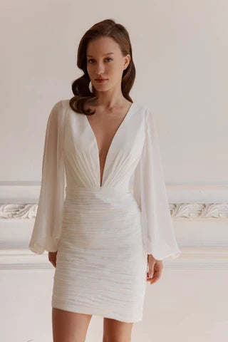 Chic Fitted Plunging V-Neck Long Sleeve Ruched Backless Ivory Mini Wedding Dress