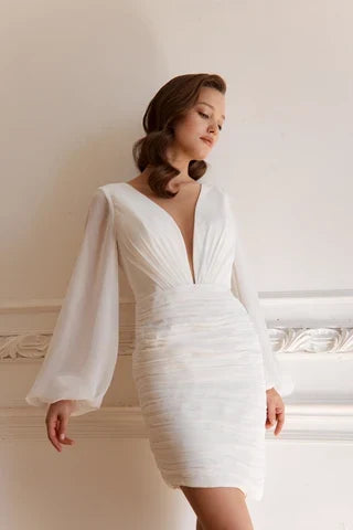 Chic Fitted Plunging V-Neck Long Sleeve Ruched Backless Ivory Mini Wedding Dress