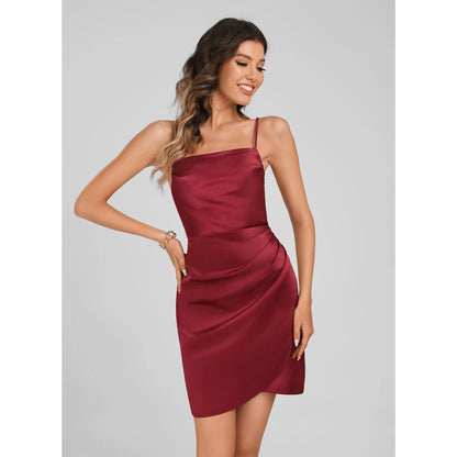 Chic Fitted Square Neck Sleeveless Draped Backless Burgundy Mini Homecoming Dress