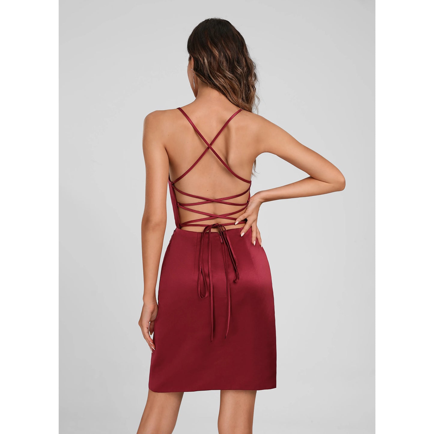 Chic Fitted Square Neck Sleeveless Draped Backless Burgundy Mini Homecoming Dress