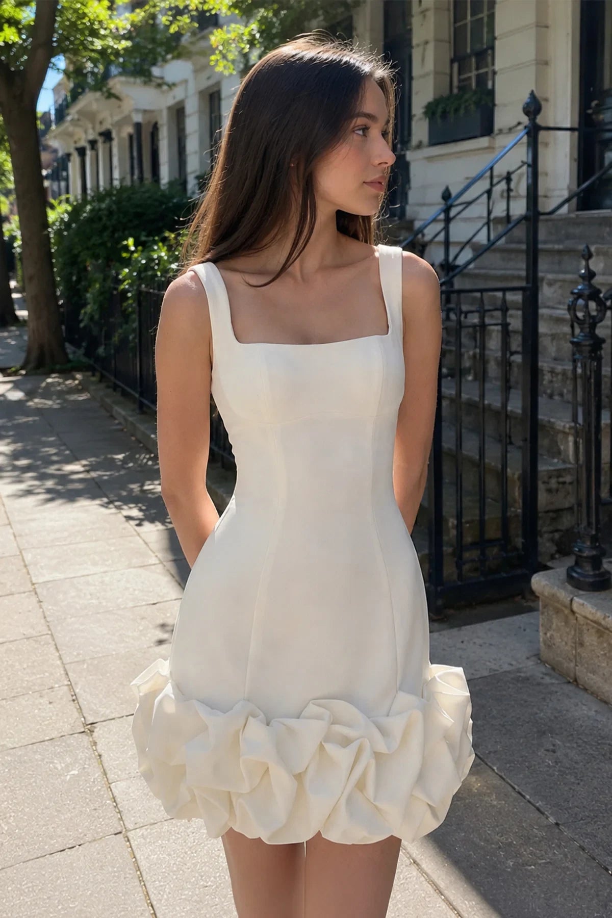 Chic Fitted Square Neck Sleeveless Ruched Corset Ivory Mini Homecoming Dress Women's