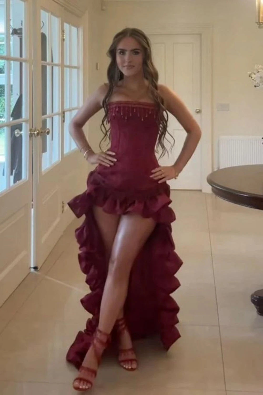 Chic Fitted Strapless Sleeveless Ruffled Corset Burgundy High-Low Prom Dresses Women