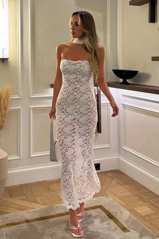 Chic Fitted Strapless Sleeveless Scalloped White Maxi Prom Dresses Women Gown