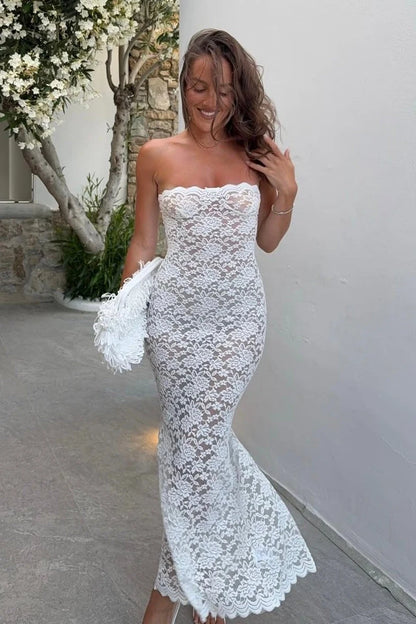 Chic Fitted Strapless Sleeveless Scalloped White Maxi Prom Dresses Women Gown