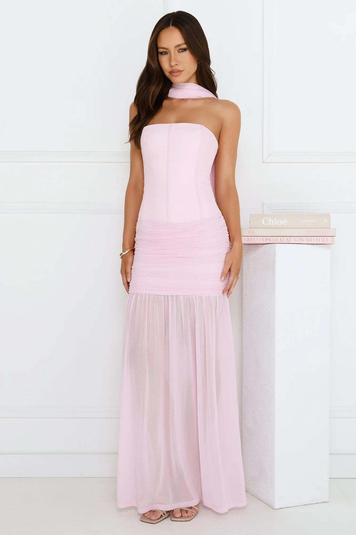 Chic Fitted Strapless Sweetheart Ruched Chiffon Pastel Pink Floor-Length Prom Dress Gown
