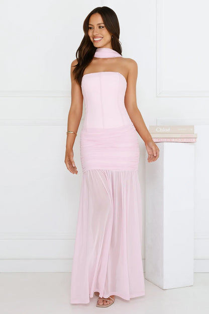 Chic Fitted Strapless Sweetheart Ruched Chiffon Pastel Pink Floor-Length Prom Dress Gown