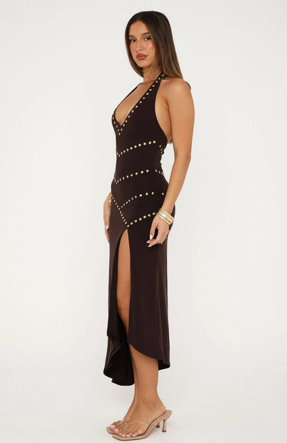 Chic Halter Neck Sleeveless Studded High Slit Dark Brown Midi Prom Dress Women's