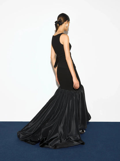 Chic Mermaid Bateau Sleeveless Ruched Flounce Black Long Evening Dresses Women