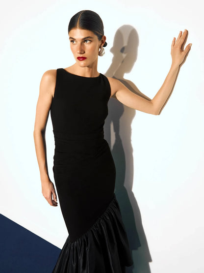 Chic Mermaid Bateau Sleeveless Ruched Flounce Black Long Evening Dresses Women