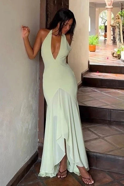 Chic Mermaid Halter Sleeveless Backless Draped Green Maxi Prom Dresses Women