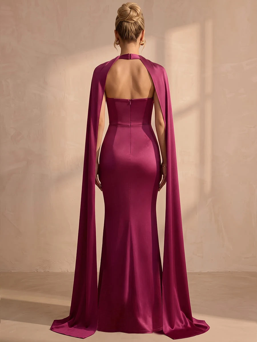 Chic Mermaid Halter Sleeveless Cape Keyhole Magenta Floor-Length Prom Dresses Women
