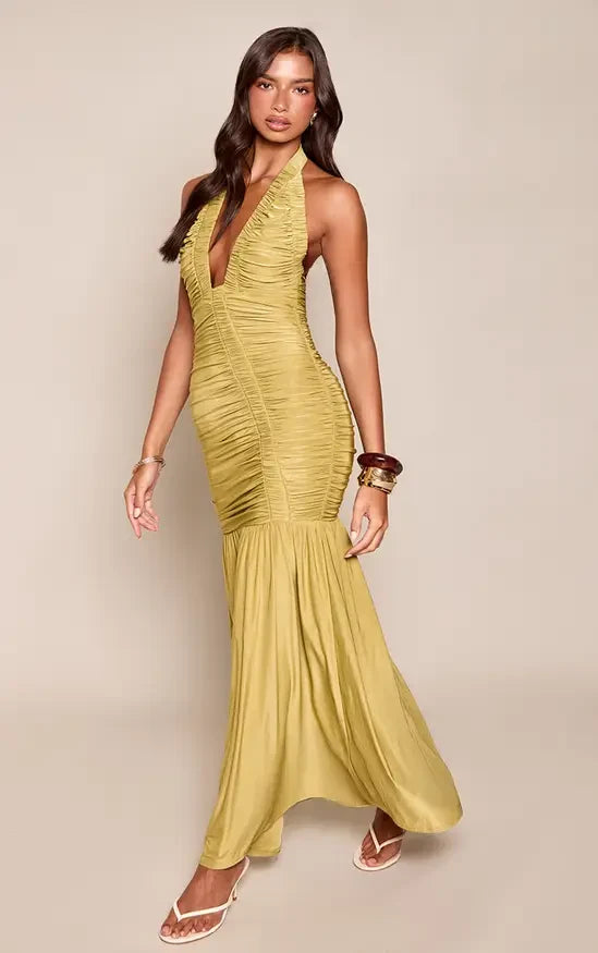 Chic Mermaid Halter Sleeveless Ruched Backless Olive Maxi Evening Dresses Women