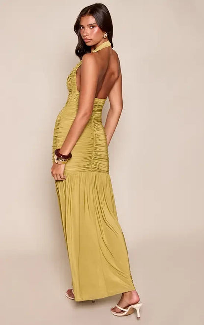 Chic Mermaid Halter Sleeveless Ruched Backless Olive Maxi Evening Dresses Women