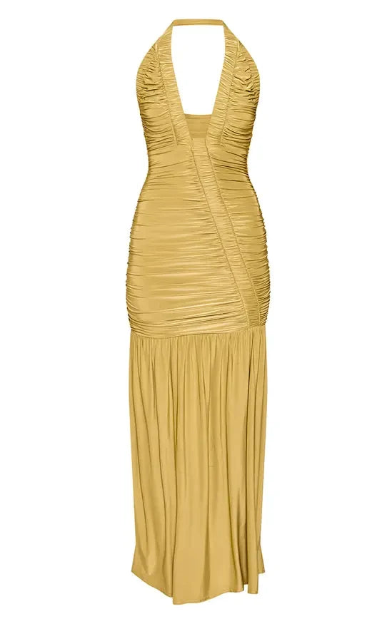 Chic Mermaid Halter Sleeveless Ruched Backless Olive Maxi Evening Dresses Women