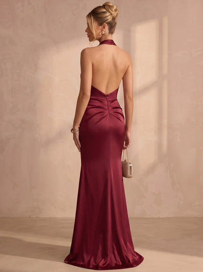 Chic Mermaid Halter Sleeveless Twisted Backless Burgundy Long Prom Dresses Women