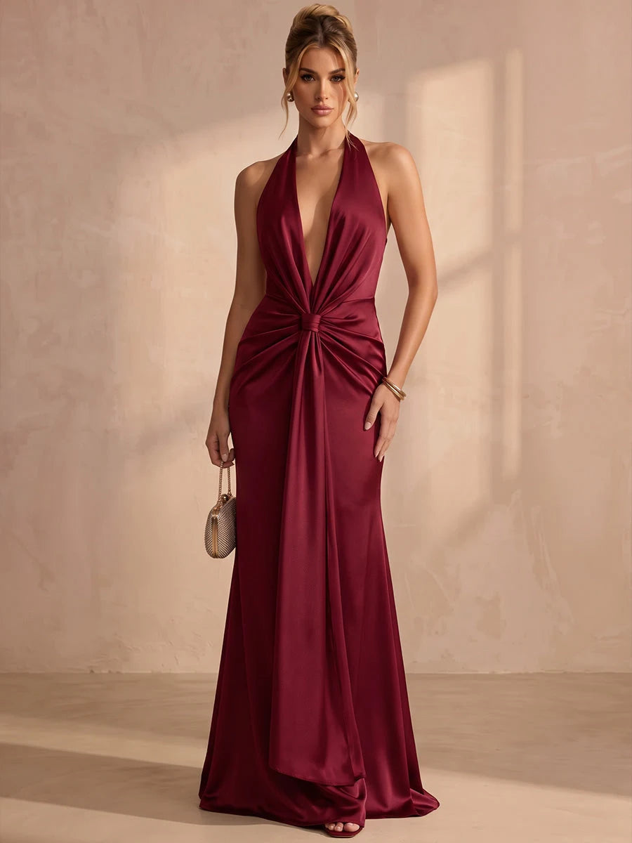 Chic Mermaid Halter Sleeveless Twisted Backless Burgundy Long Prom Dresses Women