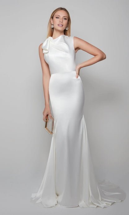 Chic Mermaid High Neck Sleeveless Draped White Floor-Length Wedding Gown