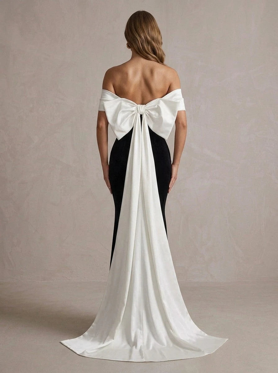 Chic Mermaid Off-Shoulder Sleeveless Bow Back Black Floor-Length Prom Dresses Women