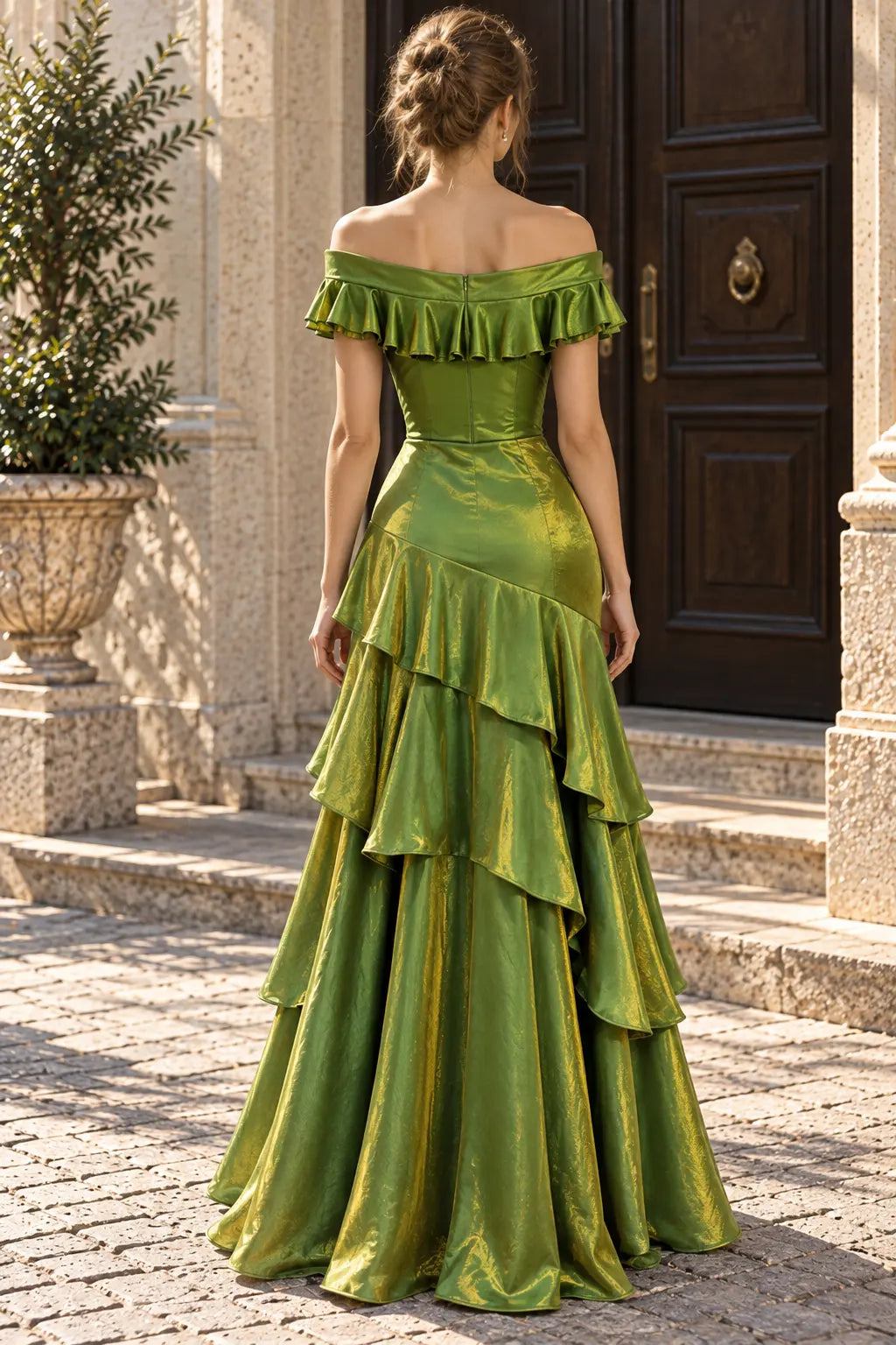Chic Mermaid Off-Shoulder Sleeveless Tiered-Ruffle Ruched Green Long Prom Dresses Women Gown