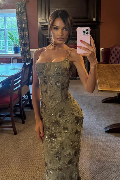 Chic Mermaid Scoop Sleeveless Corset Backless Gold Maxi Prom Dresses Women