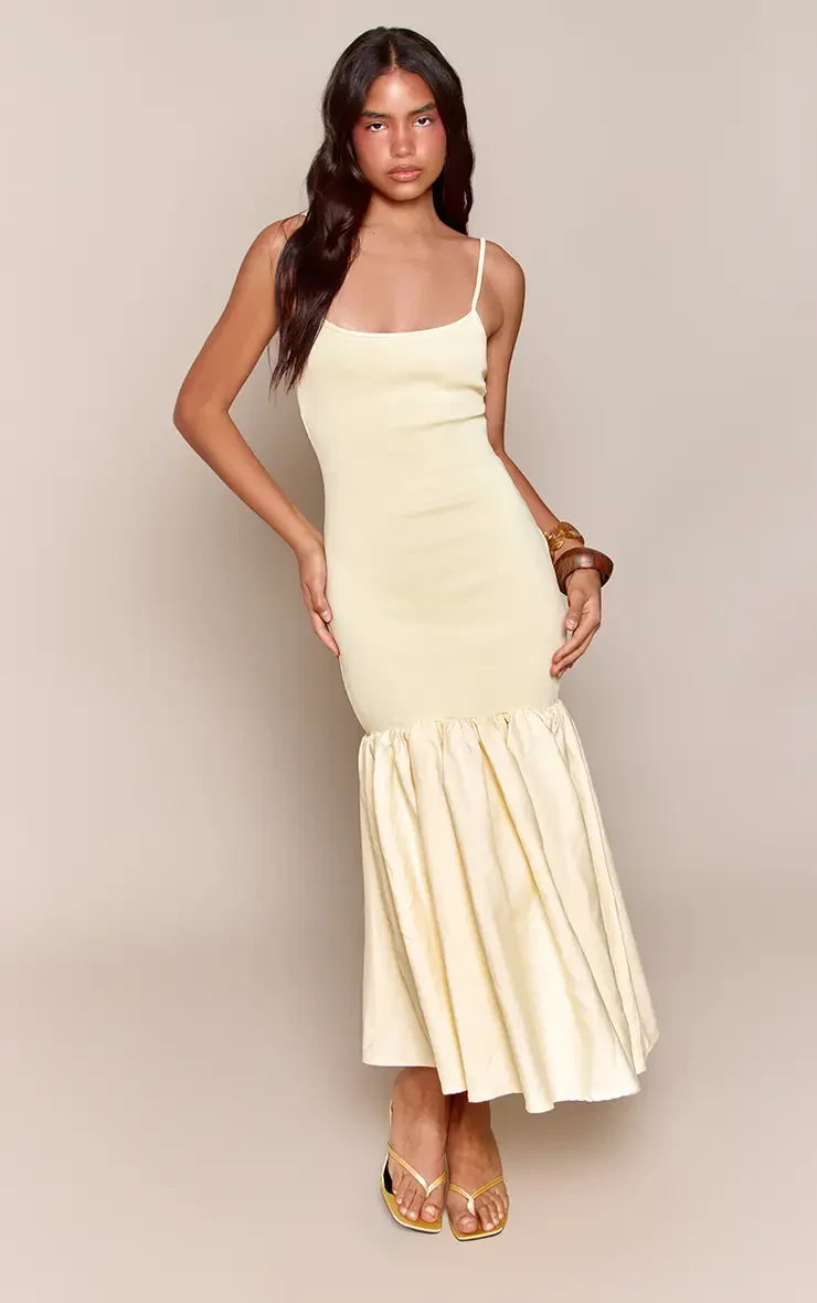 Chic Mermaid Scoop Sleeveless Flounced Pleated Yellow Maxi Evening Dresses Women