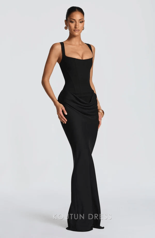Chic Mermaid Square Neck Sleeveless Corset Draped Black Maxi Prom Dress Women's