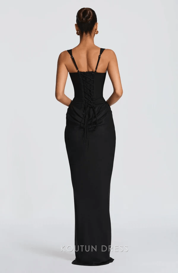 Chic Mermaid Square Neck Sleeveless Corset Draped Black Maxi Prom Dress Women's