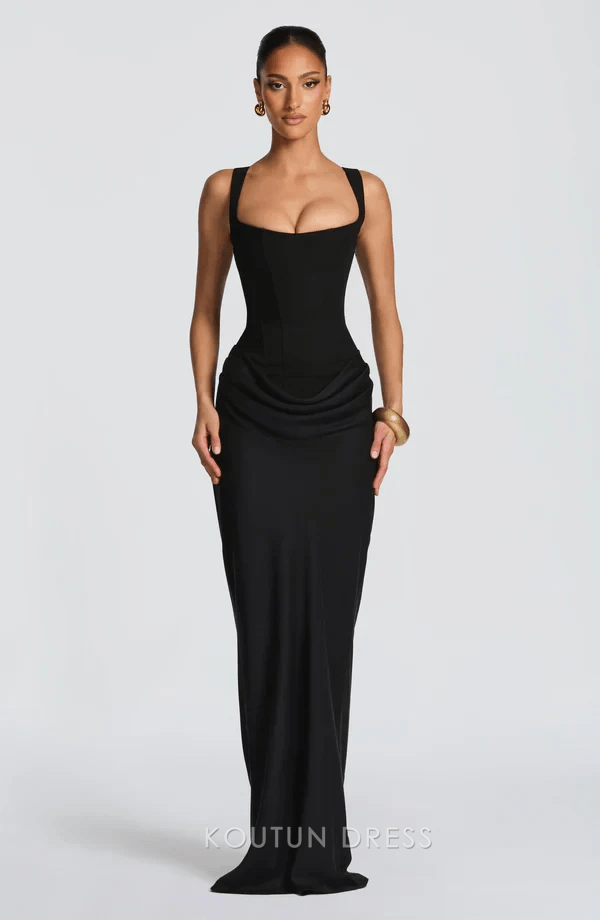 Chic Mermaid Square Neck Sleeveless Corset Draped Black Maxi Prom Dress Women's