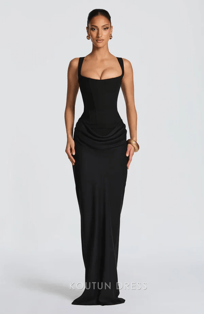 Chic Mermaid Square Neck Sleeveless Corset Draped Black Maxi Prom Dress Women's
