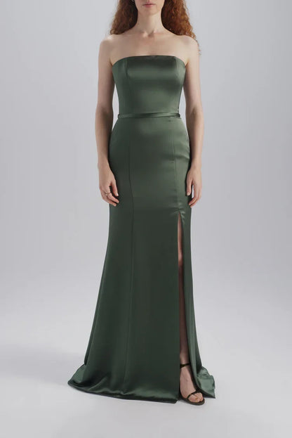 Chic Mermaid Strapless High Slit Olive Green Floor-Length Bridesmaid Dress Gown