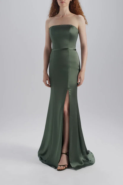 Chic Mermaid Strapless High Slit Olive Green Floor-Length Bridesmaid Dress Gown