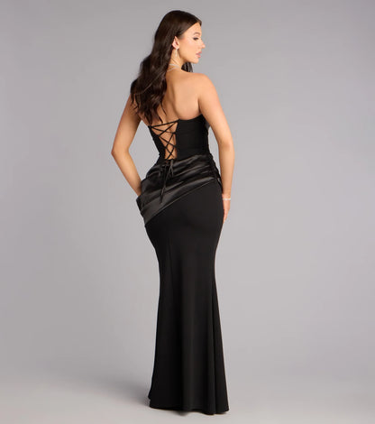 Chic Mermaid Strapless Pleated Satin Corset Back Black Floor-Length Evening Gown