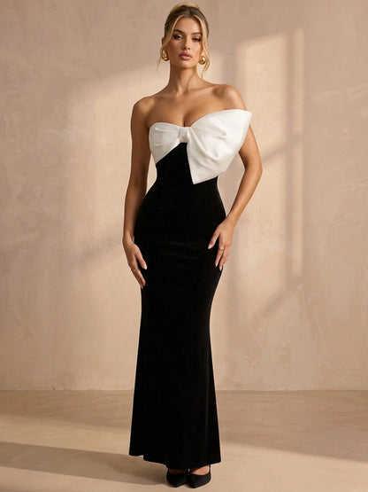 Chic Mermaid Strapless Sleeveless Contrast Bow Black Maxi Prom Dresses Women
