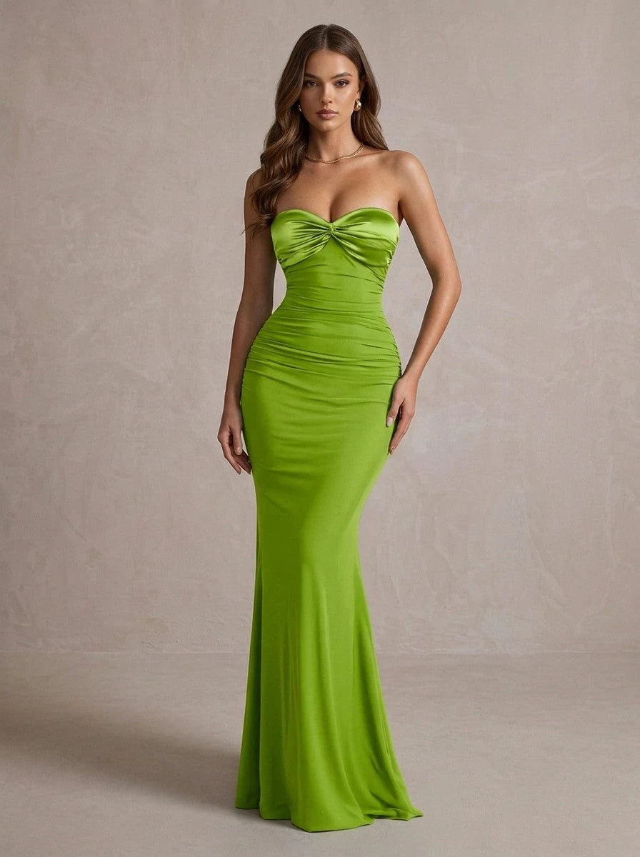 Chic Mermaid Strapless Sleeveless Ruched Backless Green Maxi Prom Dresses Women