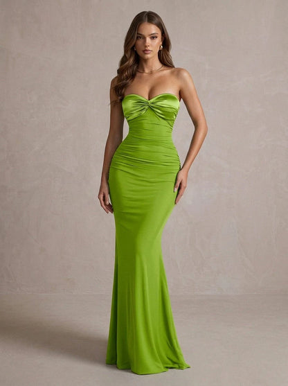 Chic Mermaid Strapless Sleeveless Ruched Backless Green Maxi Prom Dresses Women
