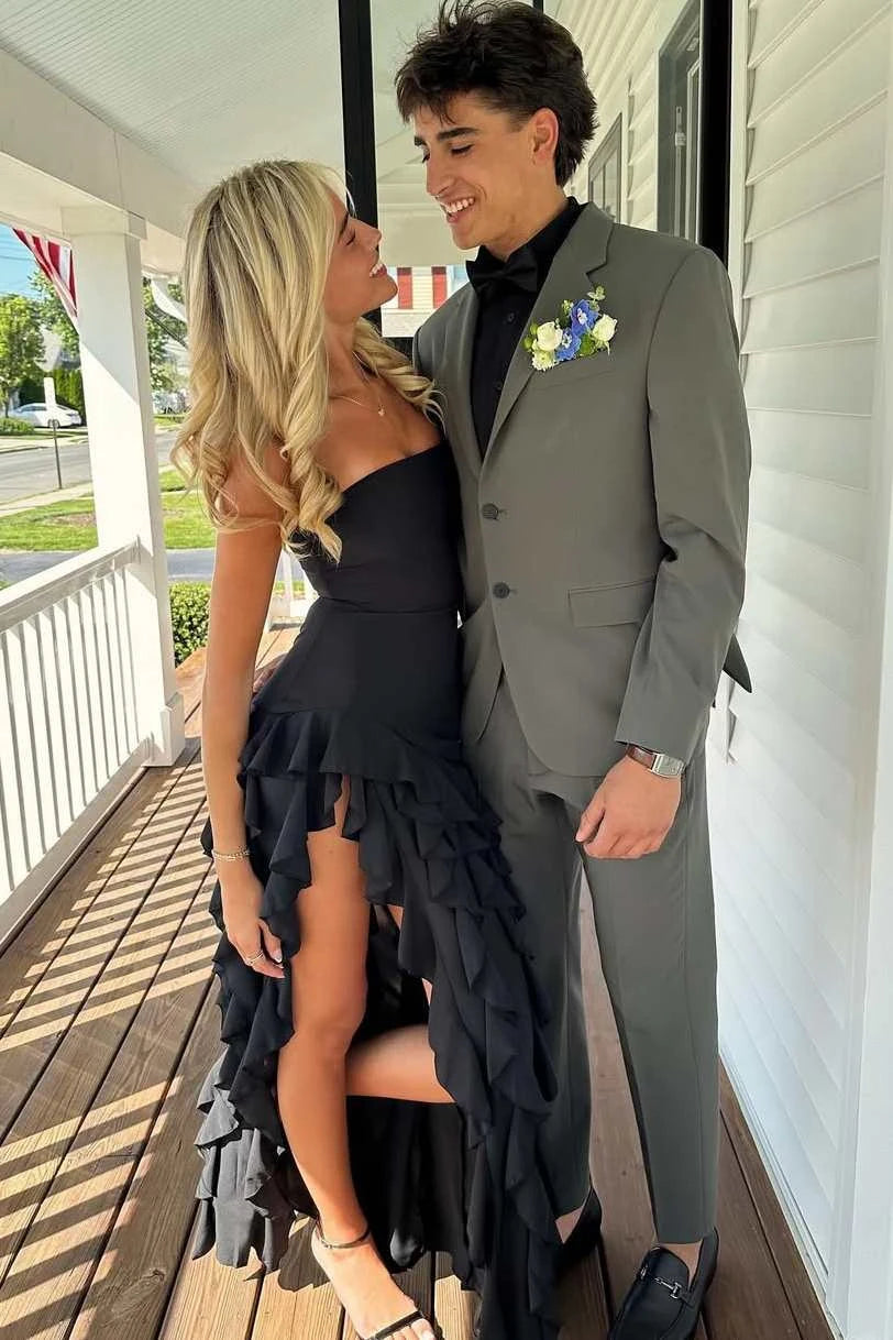 Chic Mermaid Strapless Sleeveless Ruffled Tiered Black Long Prom Dresses Women Gown