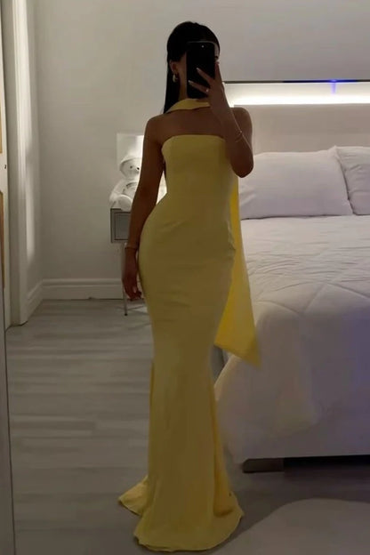 Chic Mermaid Strapless Sleeveless Scarf Yellow Maxi Prom Dresses Women Gown