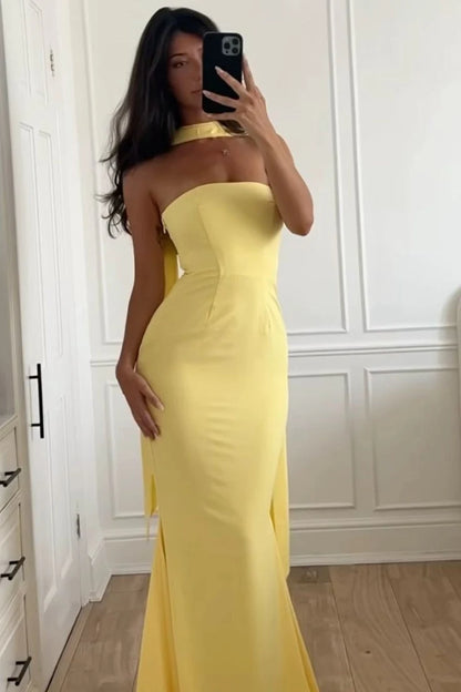 Chic Mermaid Strapless Sleeveless Scarf Yellow Maxi Prom Dresses Women Gown