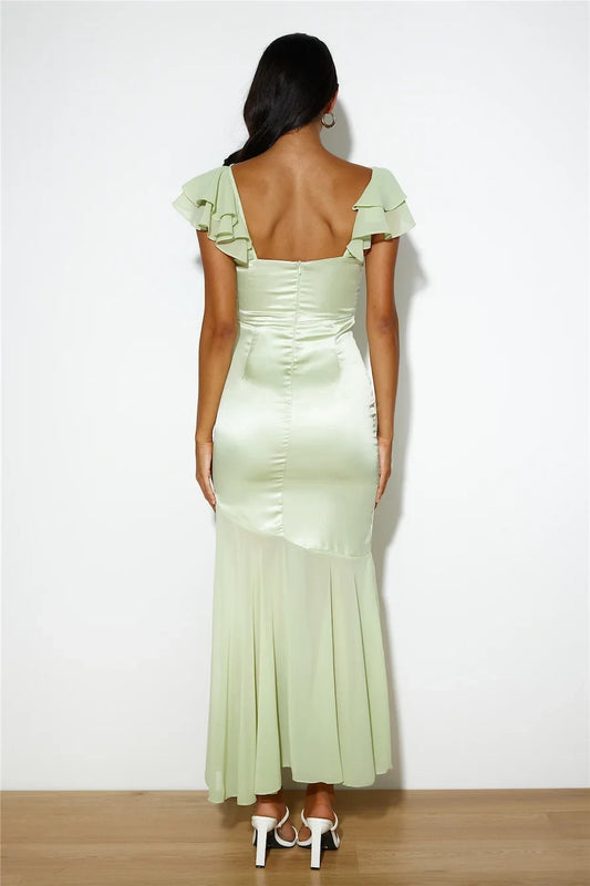 Chic Mermaid Sweetheart Flutter Sleeve Ruffled Mint Green Floor-Length Prom Dresses Gown